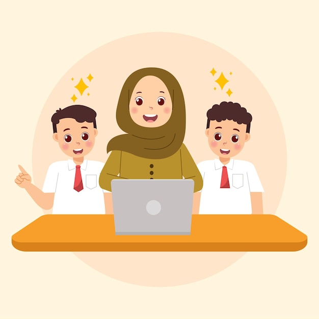 Muslim Teacher with Students Learning on Laptop