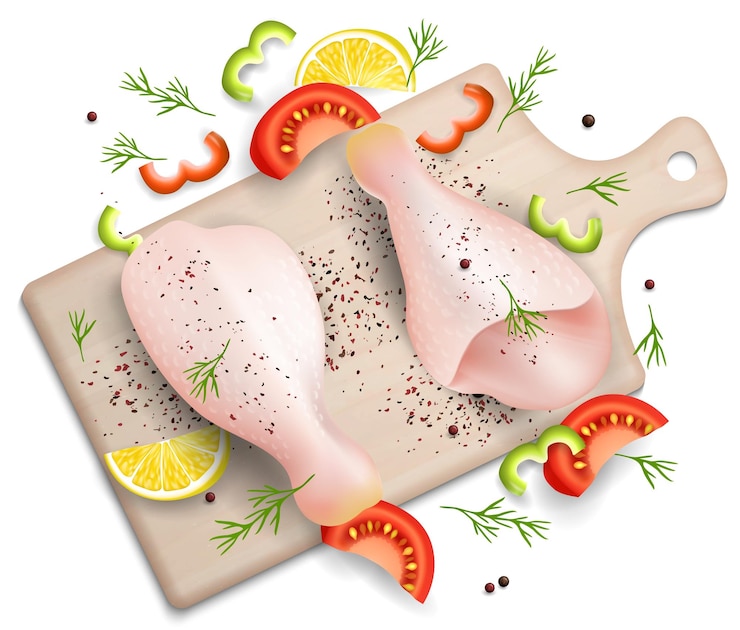 Vector muslos de pollo crudo con rodajas de tomate limón pimienta y especias en tabla de cortar de madera vector ilustración realista composición de carne de pierna de pollo para la página web del libro de recetas del menú del restaurante