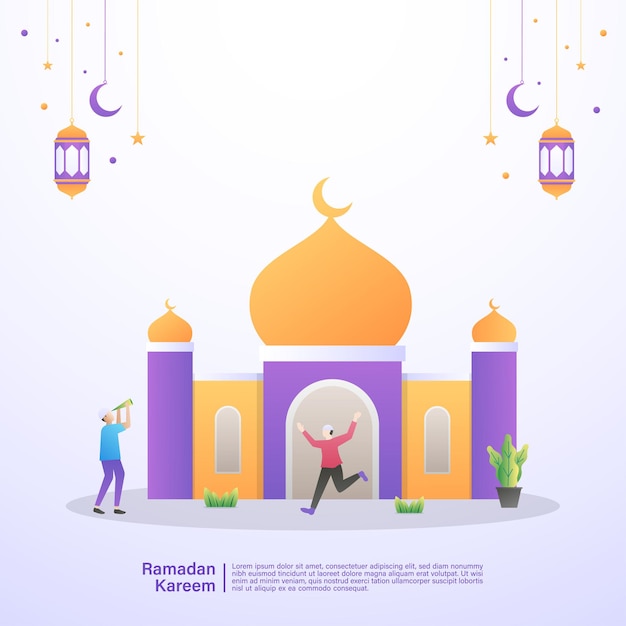 Un musulmán está feliz de recibir el mes de ramadán en una mezquita. concepto de ilustración de ramadan kareem