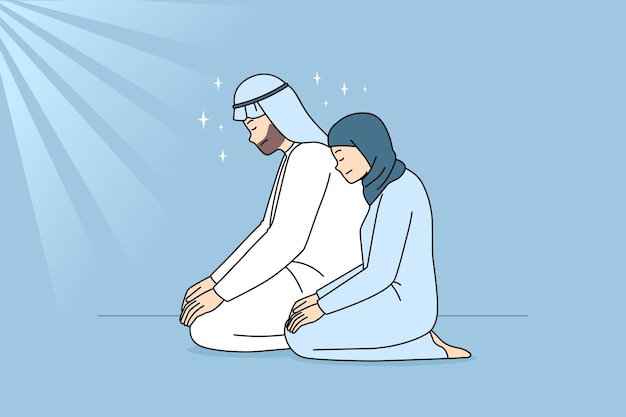 Musulmán, hombre y mujer, rezando