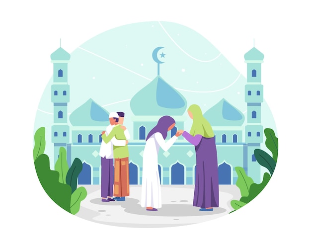 Los musulmanes celebrando el Eid alfitr, hombre musulmán abrazándose y deseándose