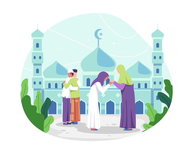 Los musulmanes celebrando el eid alfitr, hombre musulmán abrazándose y deseándose