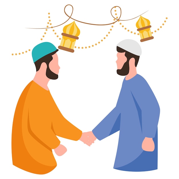 Vector los musulmanes deseando y saludando eid mubarak el concepto de los indios estrechando la mano en el vector del día de eid