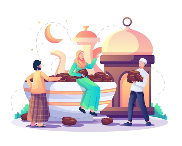 Los musulmanes se están preparando para la fiesta Iftar después de ayunar en la ilustración de Ramadan Kareem
