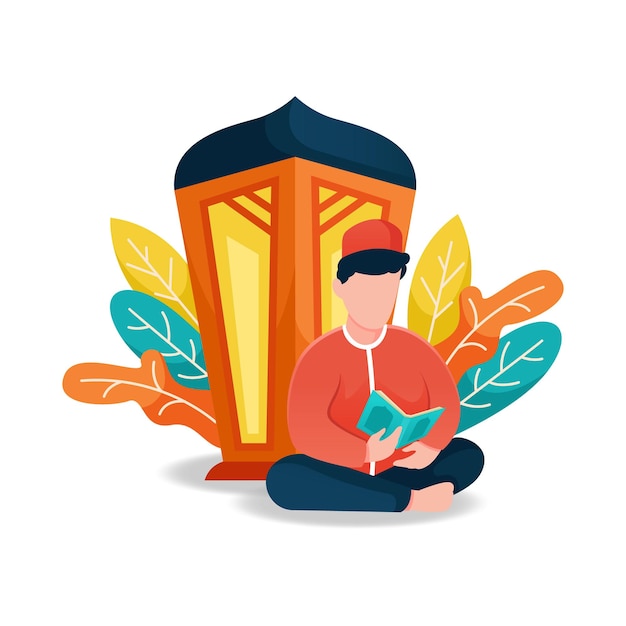 Musulmanes leyendo y aprendiendo el concepto de diseño de libro sagrado islámico corán ilustración vectorial