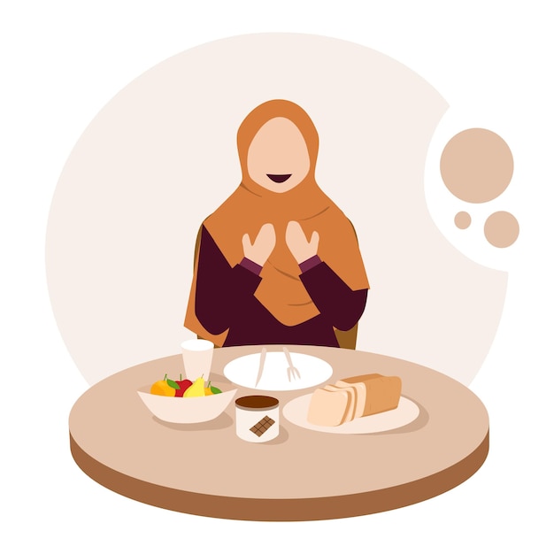 Los musulmanes rezan antes de comer la ilustración de la comida de Ramadán
