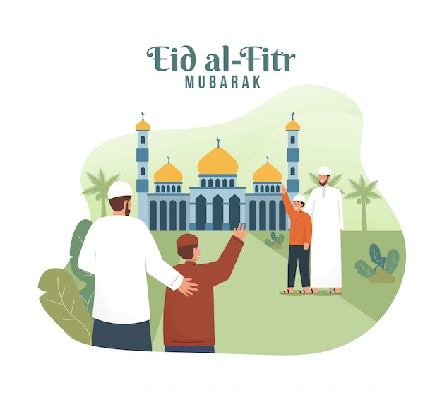 Los musulmanes van a la mezquita mientras se saludan. eid mubarak ilustración de personaje de dibujos animados plana