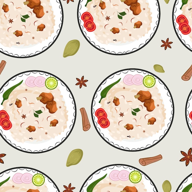 Mutton Biryani Vector patrón de alimentos asiáticos sin costuras