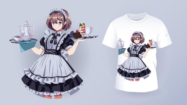 Muy bonita doncella de café chica y camiseta plantilla vectorial de impresión