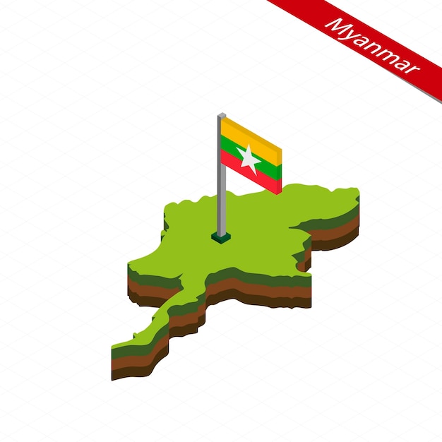 Myanmar mapa isométrico y bandera vector ilustración