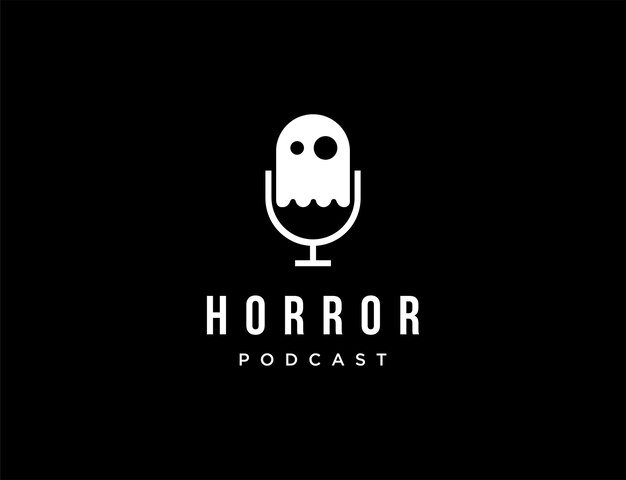 Mystery podcast horror podcast logo icono vector con idea de vuelo fantasma