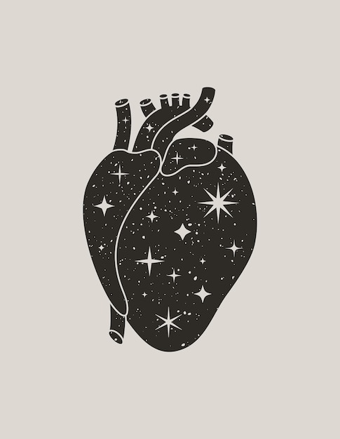 Mystic Black Heart en un moderno estilo boho. Corazón anatómico de silueta vectorial con estrellas para imprimir en la pared, camiseta, tatuaje, publicaciones en redes sociales e historias