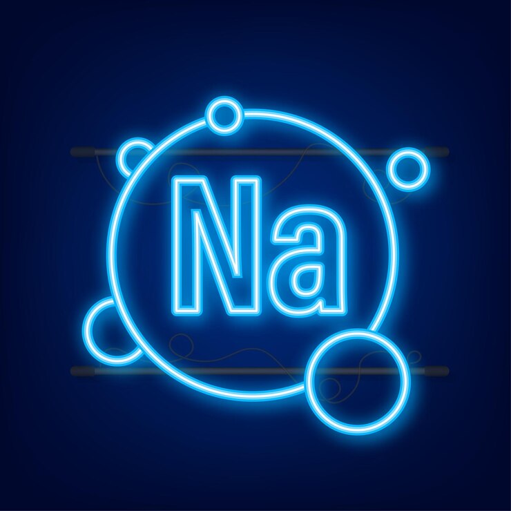 Vector na, icono de neón de cápsula de píldora brillante azul natrium. ilustración de stock vectorial.