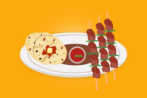 Vector naan con vector de diseño de comida tradicional asiática kebab