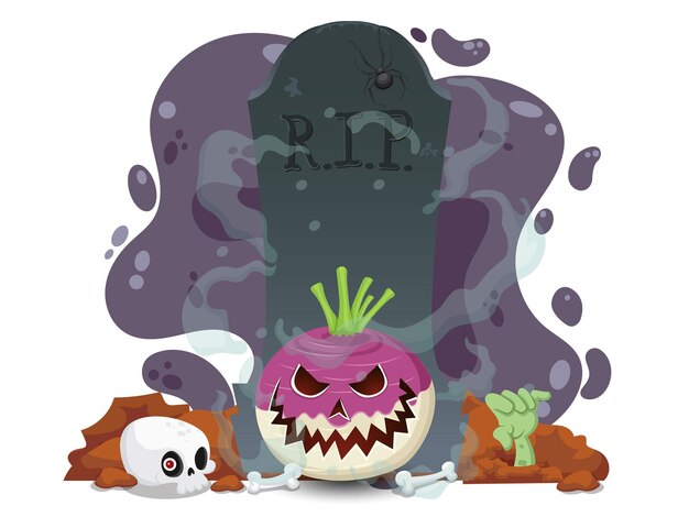 Nabo de Halloween en el elemento de los viejos tiempos con hueso del cráneo con araña de fondo en la lápida Ilustración vectorial