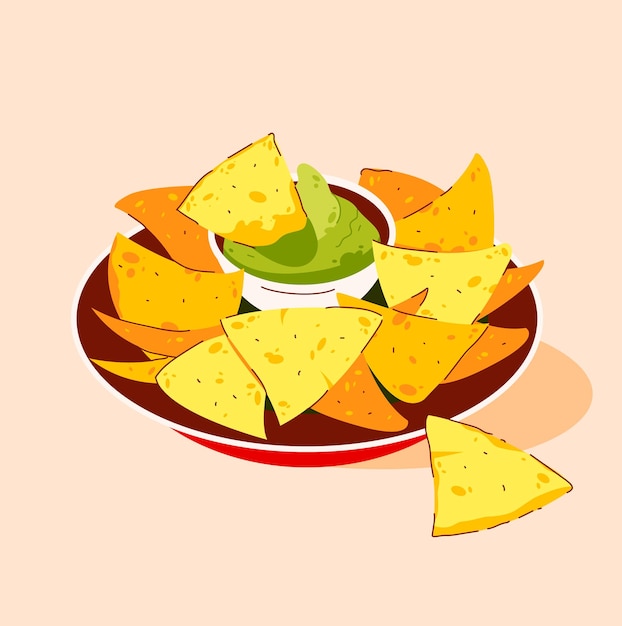 Vector nachos, aperitivo de comida mexicana. totopos de maíz con varios aditivos. ilustración vectorial