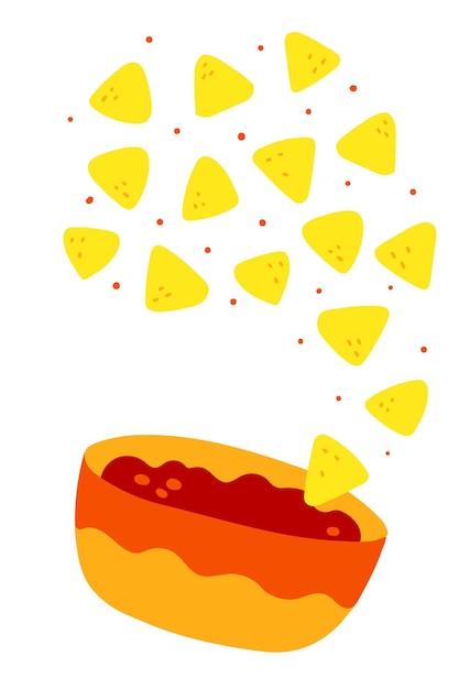 Nachos chips con salsa de chile cocina mexicana tradicional comida ilustración vectorial plana