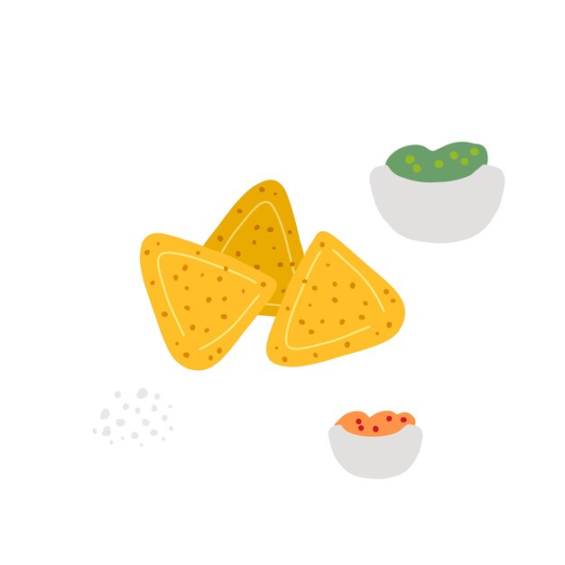 Nachos de dibujos animados con salsa Ilustración de vector dibujado a mano lindo Elemento de diseño de menú de restaurante