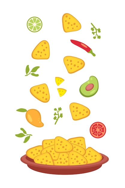 Vector los nachos mexicanos y los ingredientes para la salsa caen en el plato. perfecto para el menú de afiches e imprimir. ilustración vectorial para decoración y diseño.