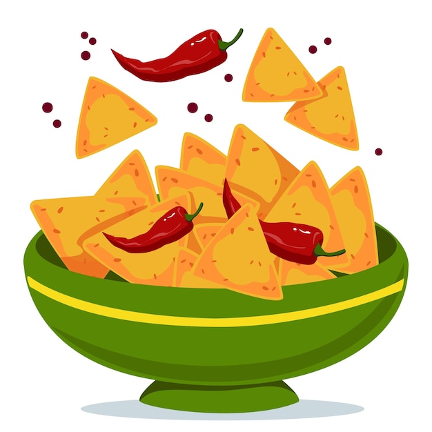 Vector nachos en un tazón con pimientos picantes placa verde con plato tradicional mexicano ilustración vectorial