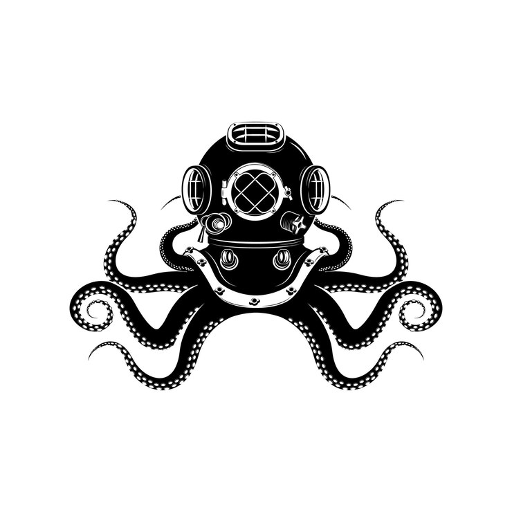 Vector nacido para bucear pulpo con casco de buzo y dos tridentes plantilla para camiseta