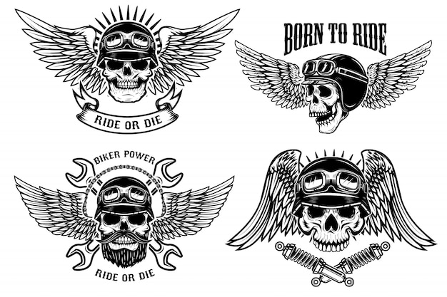 Nacido para montar. conjunto de cráneos de motorista con alas y cascos sobre fondo blanco. elementos para logotipo, etiqueta, emblema, letrero, póster, camiseta. ilustración
