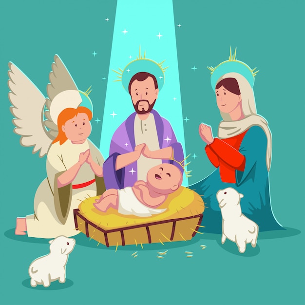 Nacimiento bebe jesus christmas belén. vector ilustración de dibujos animados lindo