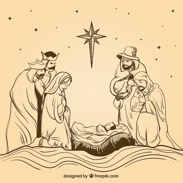 Nacimiento dibujado a mano con los reyes magos