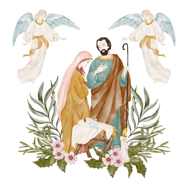 Nacimiento de Jesucristo María y José en el pesebre con los ángeles