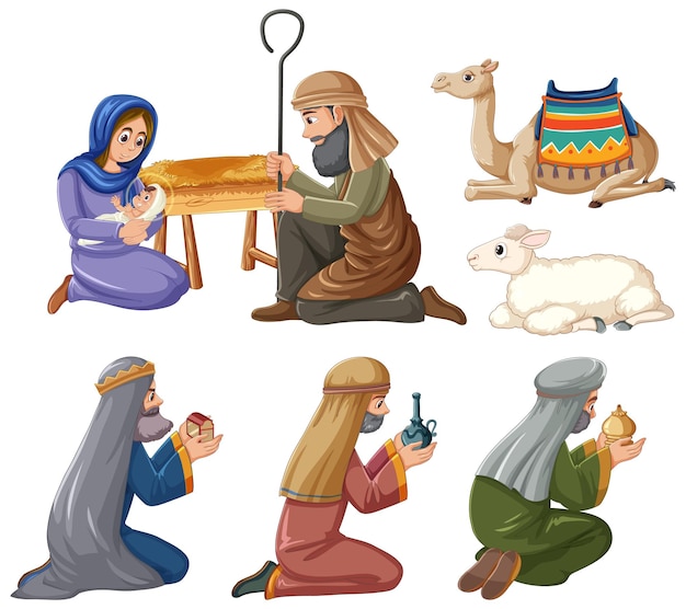 Vector el nacimiento de jesús los personajes de dibujos animados dan vida a la historia bíblica