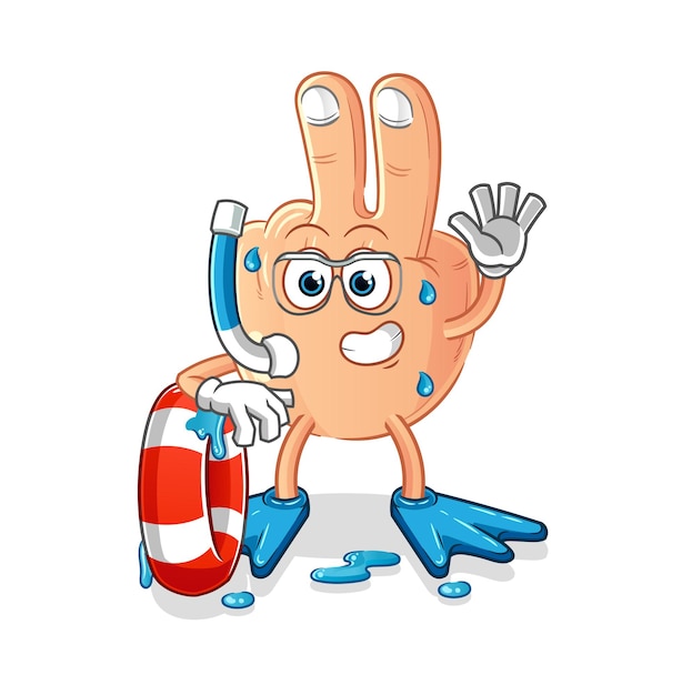 Nadador de dedo de paz con vector de dibujos animados de mascota de boya