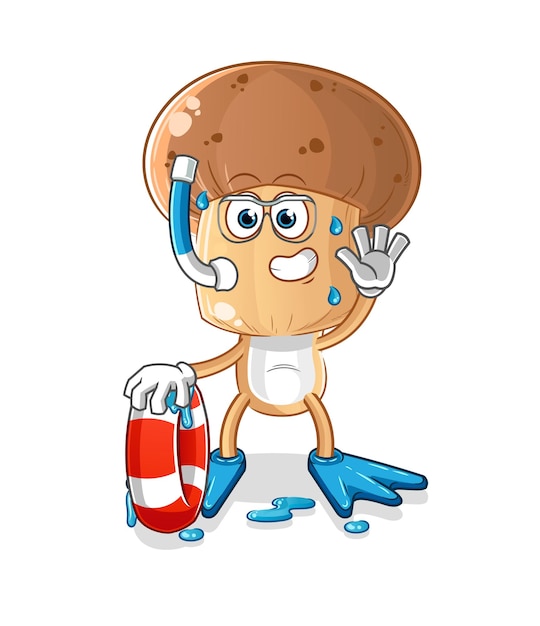 Nadador de dibujos animados de cabeza de hongo con vector de dibujos animados de mascota de boya