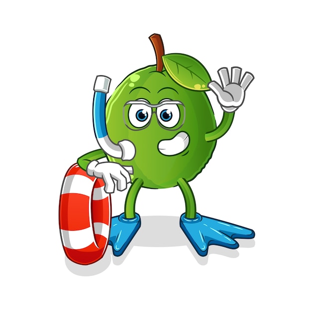Nadador de guayaba con mascota boya. dibujos animados
