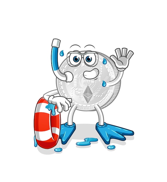 Nadador de monedas Ethereum con mascota boya. vector de dibujos animados