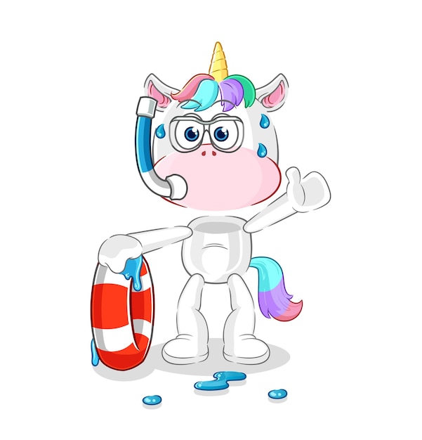 Nadador de unicornio con vector de dibujos animados de mascota de boya