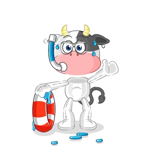 Nadador de vaca con vector de dibujos animados de mascota de boya