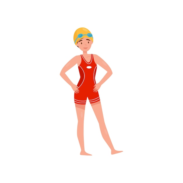 Vector nadadora profesional femenina en traje de baño rojo y gorra vector de concepto de estilo de vida deportivo activo
