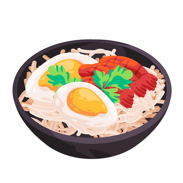 Nadles en un cuenco con huevos ramen udon comida tradicional china asiática ilustración de dibujo