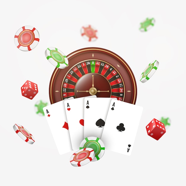 Los naipes y las fichas de póker vuelan en el casino con elementos borrosos. Ruleta de casino en blanco. ilustración.