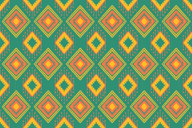 Naranja amarillo sobre verde Patrón geométrico oriental étnico tradicional Diseño para fondo alfombra papel tapiz ropa envoltura Batik tela Ilustración vectorial estilo de bordado xA