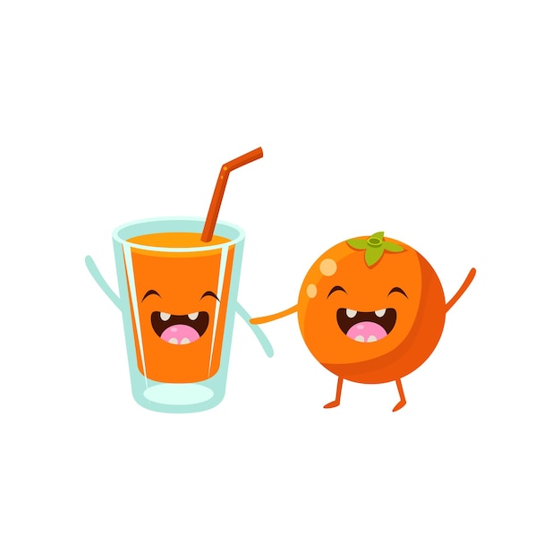 Vector naranja y jugo de naranja amigos de dibujos animados colorido divertido plano vector ilustración aislada sobre fondo blanco