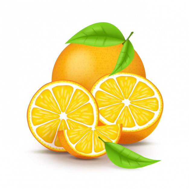 Naranja jugosa con rodaja y hojas. Los cítricos frescos enteros y mitades aislaron la ilustración. 3D aislado sobre fondo blanco