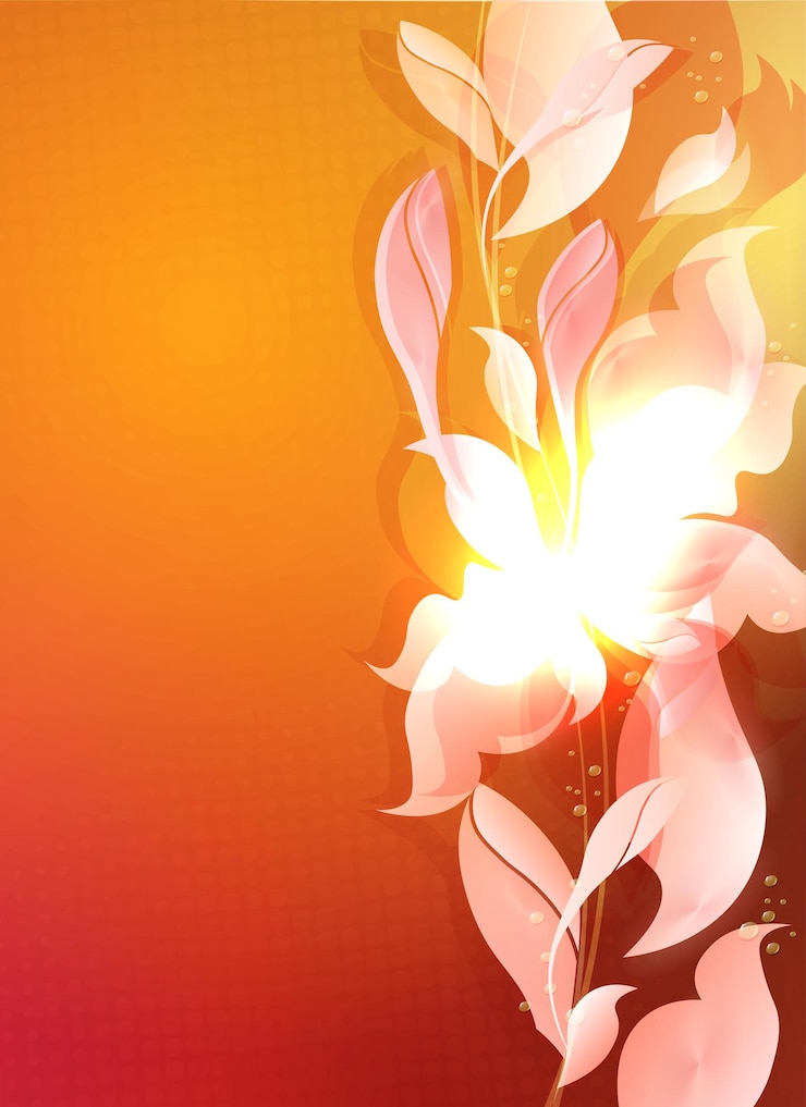 Vector naranja con siluetas abstractas de hojas y flores claras.