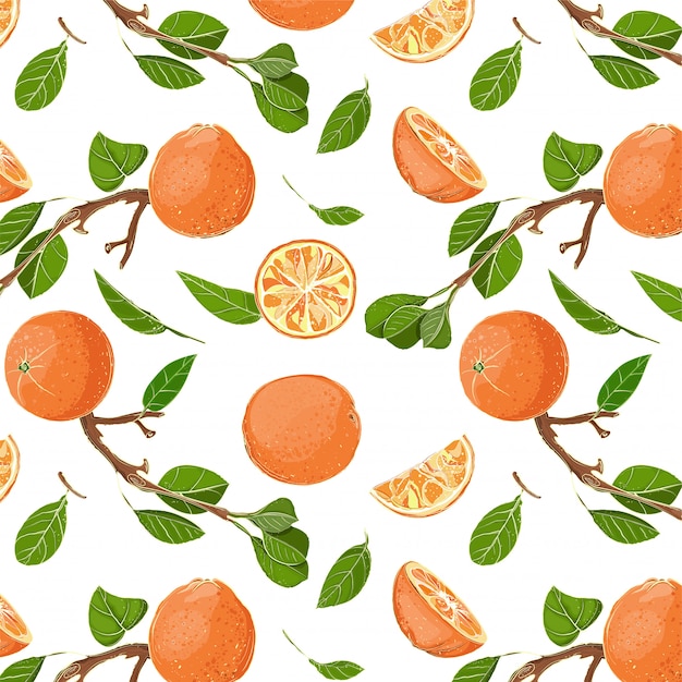 Naranjas frescas y hojas de patrones sin fisuras