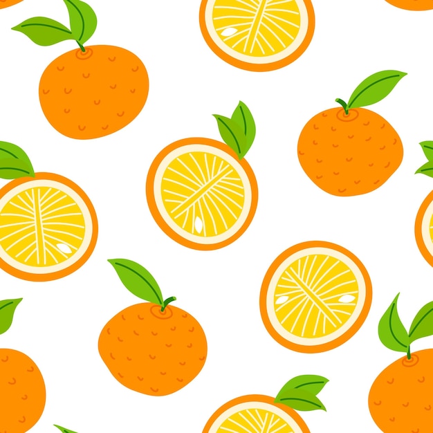 Naranjas y mitades de cítricos con huesos y hojas garabatean un patrón de verano sin costuras