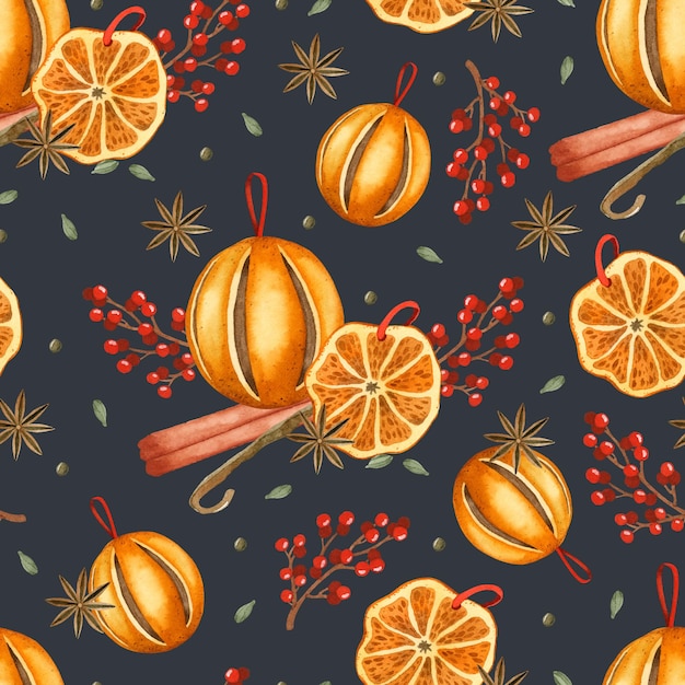 Naranjas picantes con estrellas de anís canela y bayas acuarela de patrones sin fisuras de Navidad