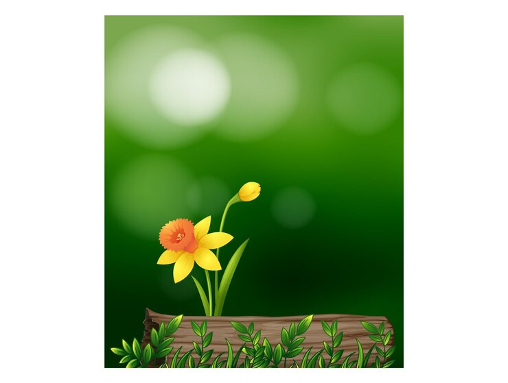 Narciso creciendo de un tronco de madera en un fondo verde