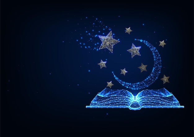 Vector narración futurista, concepto de historias de misterio con libro abierto poligonal bajo brillante, estrellas y luna aislada sobre fondo azul oscuro.