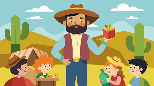 Vector un narrador en un mercado de agricultores encantando a los niños con la leyenda de pecos bill y su salvaje