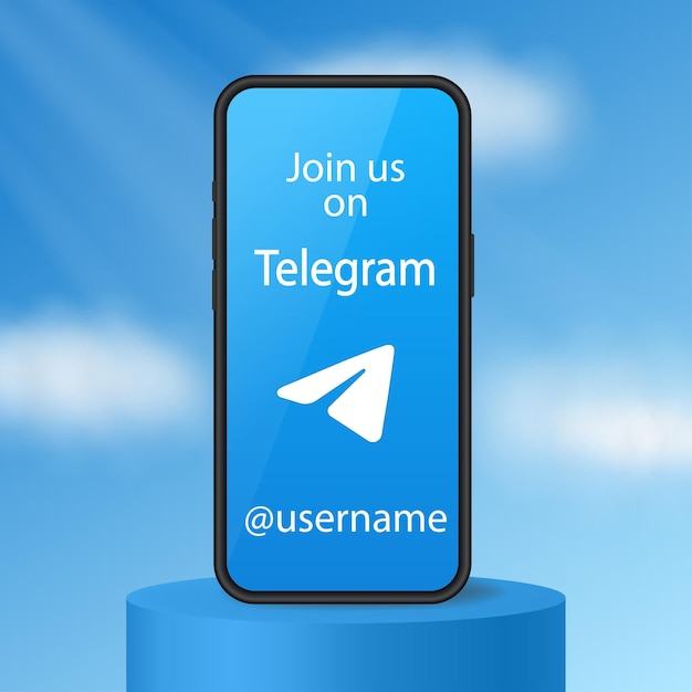 Únase a nosotros en el banner de Telegram Síganos en las redes sociales Smartphone de pie en el podio Nombre de usuario